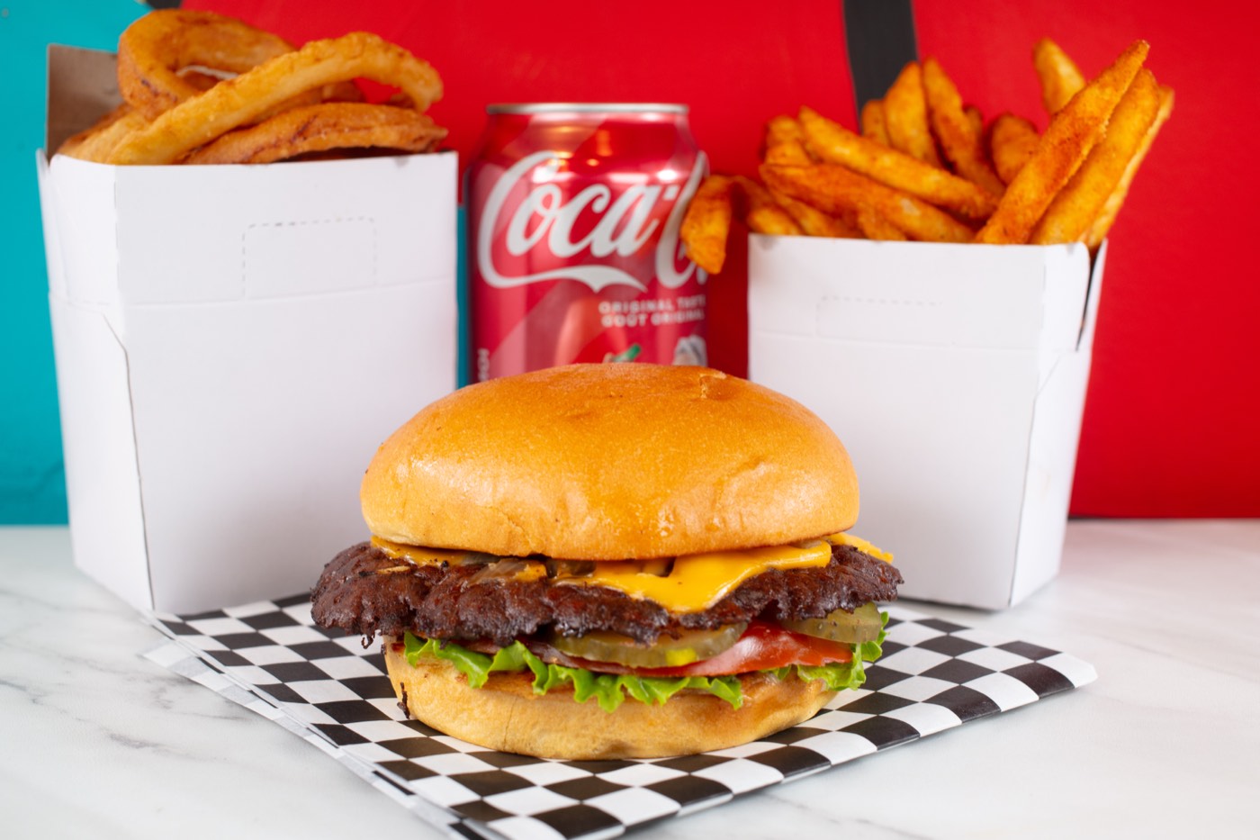 OG Smash combo with fries, onion rings and a drink